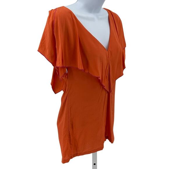 BCBG MAXAZRIA Silk Blouse WMNS XS Orange V-Neck Split Flutter Sleeve Lightweight - Picture 2 of 7